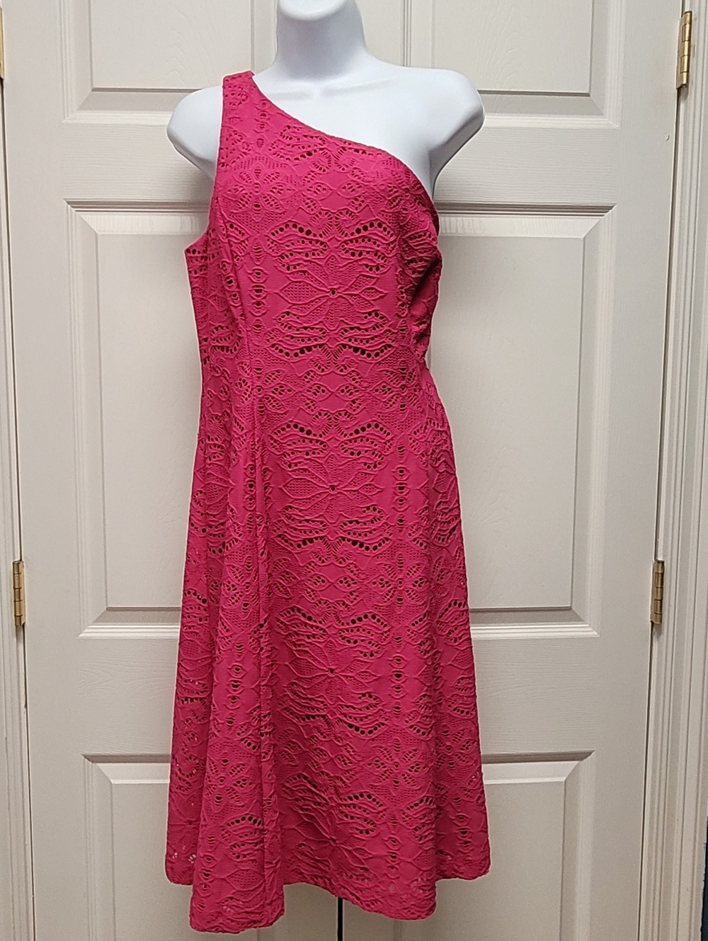 London Times Hot Pink One Shoulder Lace Dress Size 14 Cocktail Wedding Guest